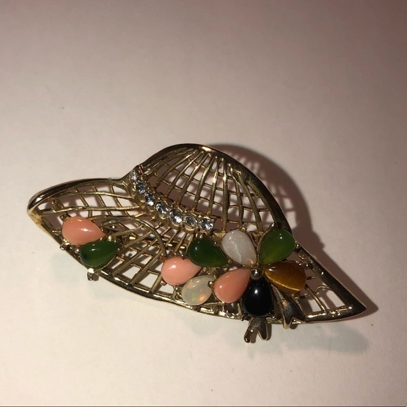 VTG Sunhat Brooch Opal Coral Jade Tigers Eye Onyx Gemstones & Rhinestones 2” - Picture 3 of 8